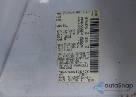 2017 Nissan Murano Platinum z USA, uszkodzony, nr VIN 5N1AZ2MG4HN120570